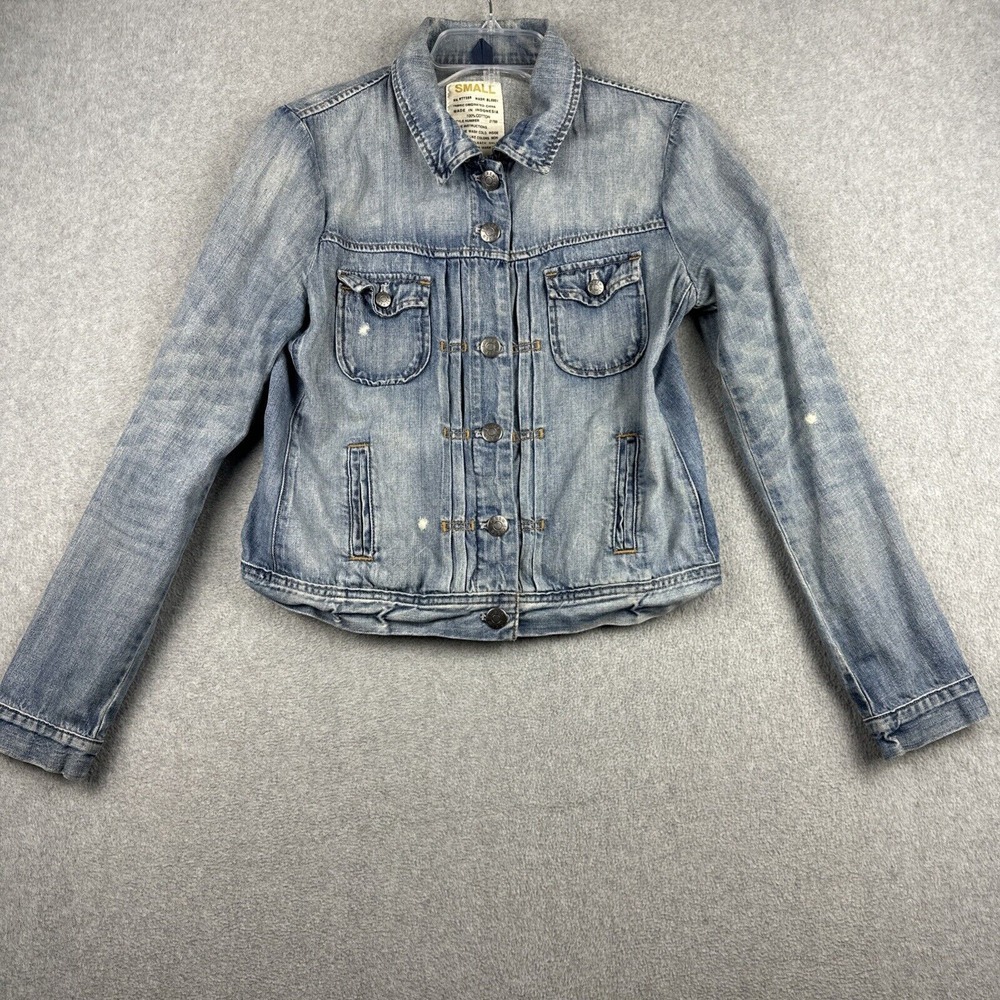 J Crew Denim Jacket Women S Blue Button Up Western Trucker Biker Boxy Distressed